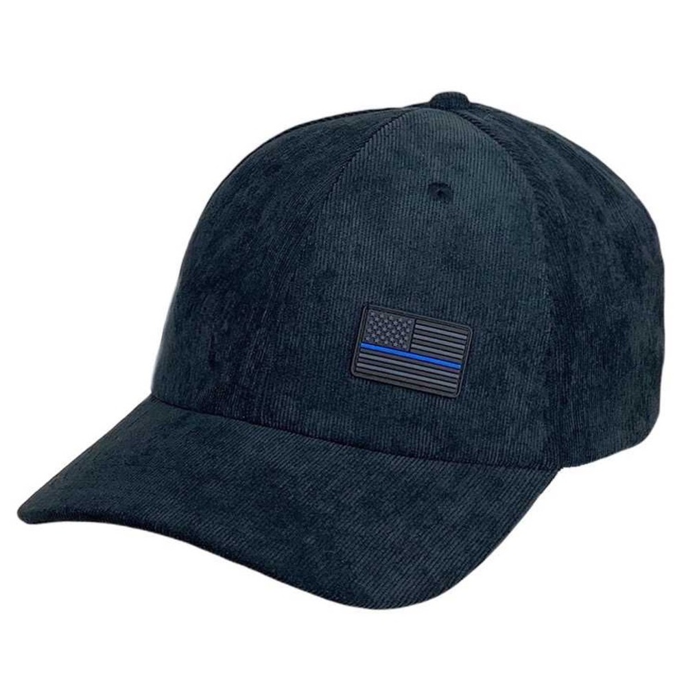 Thin Blue Line Corduroy Charcoal Black and Blue Flag Patch Hat One Size